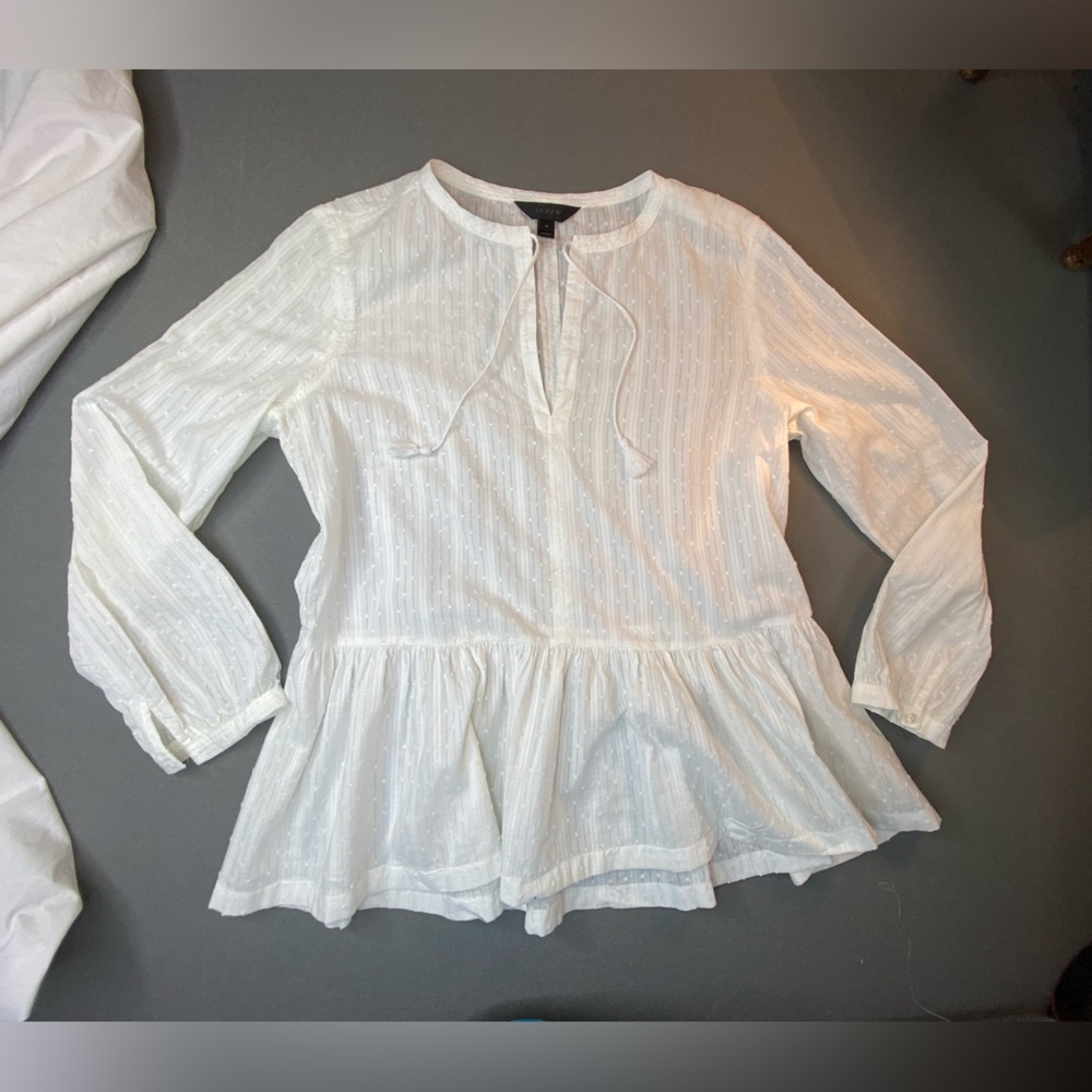 J. Crew White Cotton Peasant Blouse Peplum Long Sleeves Keyhole neck SIze 4